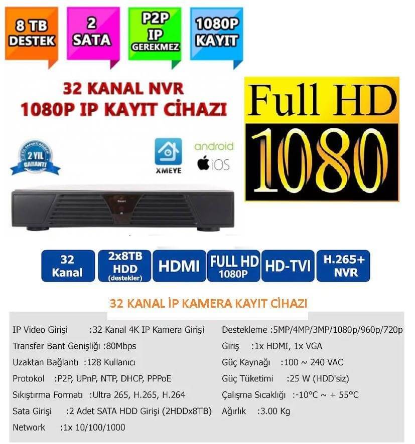 32 KANAL NVR IP KAMERA KAYIT CİHAZI XMEYE 32 KANAL NVR IP KAMERA KAYIT CİHAZI XMEYE